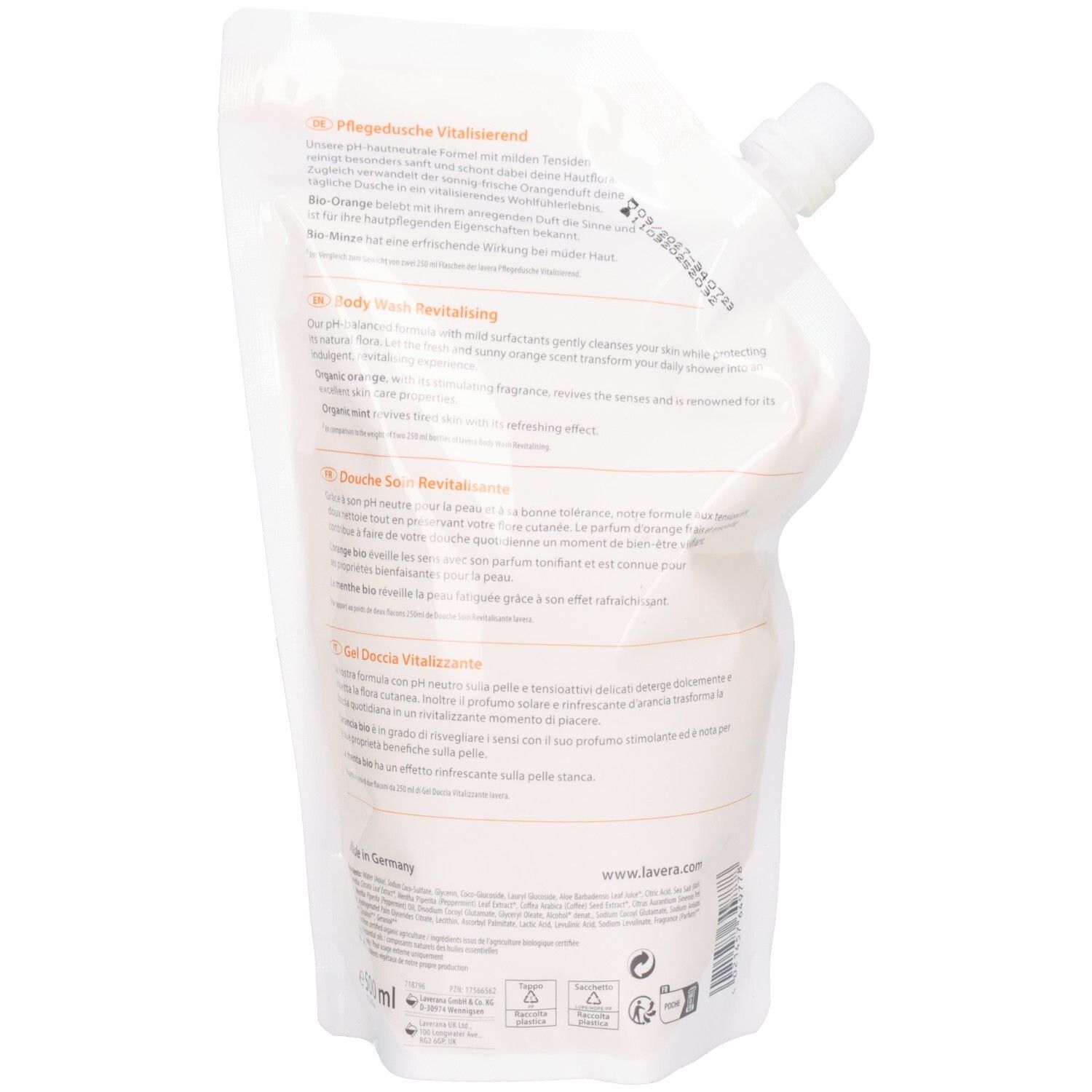 Rückseite der Nachfüllpackung. Text in mehreren Sprachen. Informationen zum Hersteller.