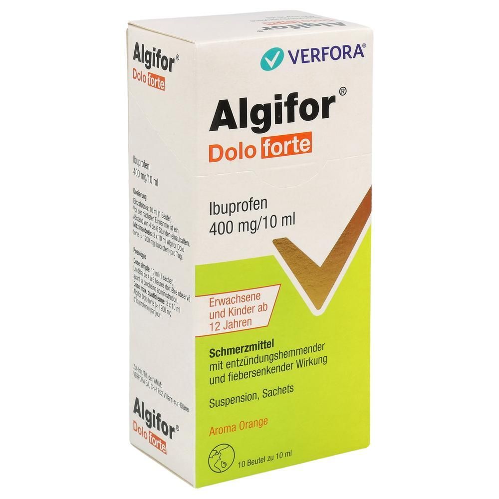 Verpackung von Algifor Dolo forte. Enthält Ibuprofen 400 mg/10 ml. Für Erwachsene und Kinder ab 12 Jahren. Aroma Orange. 10 Sachets.