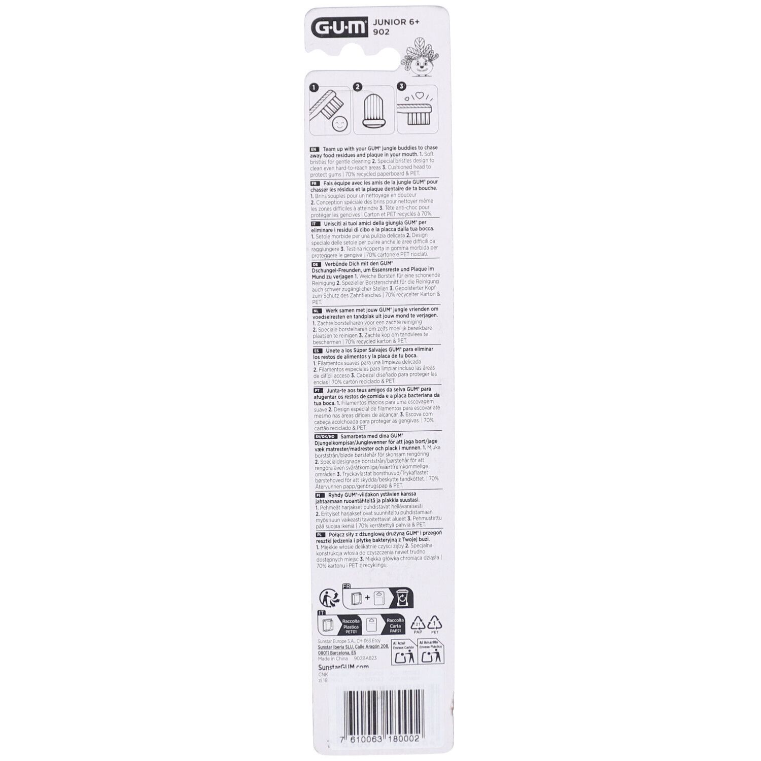 Rückseite der Verpackung der GUM Junior Zahnbürste. Text in mehreren Sprachen, Piktogramme und Barcode.