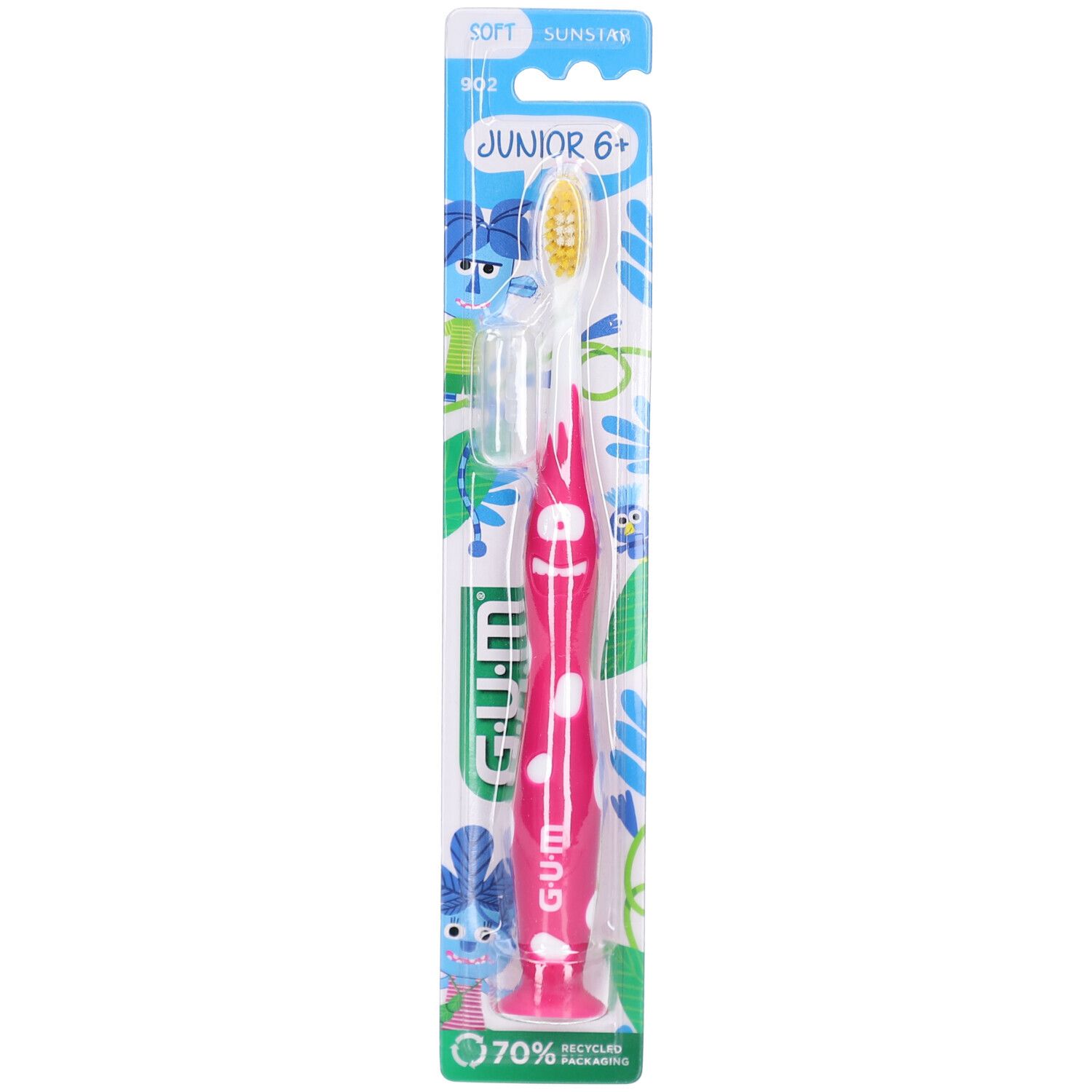 Zahnbürste, pink, mit weißem Borstenkopf. Verpackung mit Produktnamen und Altersempfehlung. Grün-weiße Verpackung mit Illustrationen.