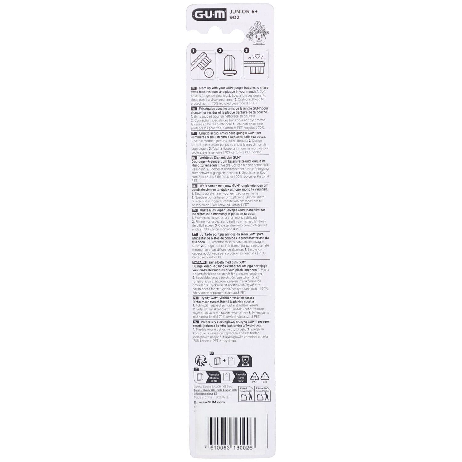 Rückseite der Zahnbürstenverpackung. Text in mehreren Sprachen. Informationen zu Inhaltsstoffen und Gebrauch. Barcode und Recycling-Symbol.