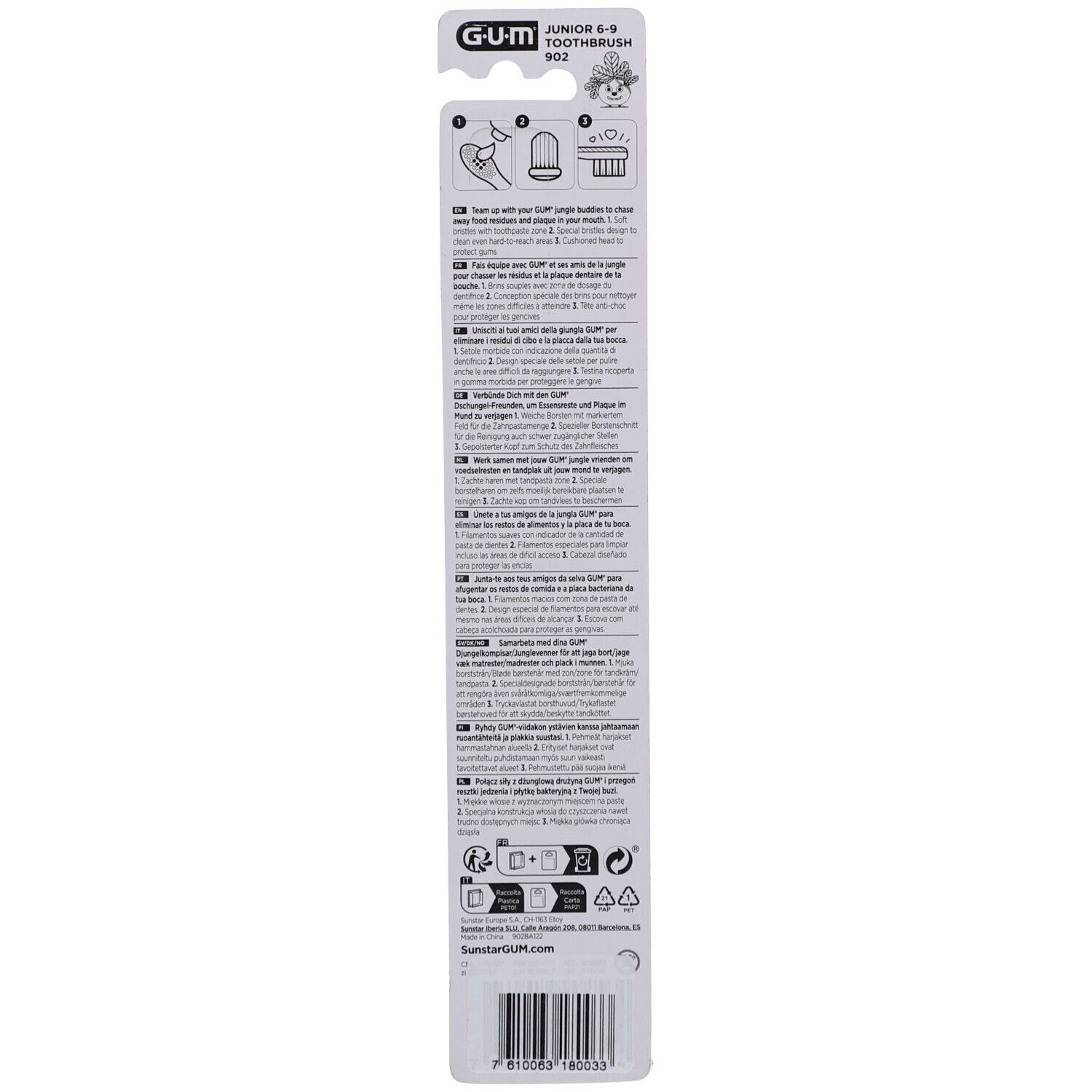 Rückseite der Verpackung. Text in mehreren Sprachen. Enthält Informationen zur Verwendung und Hersteller.