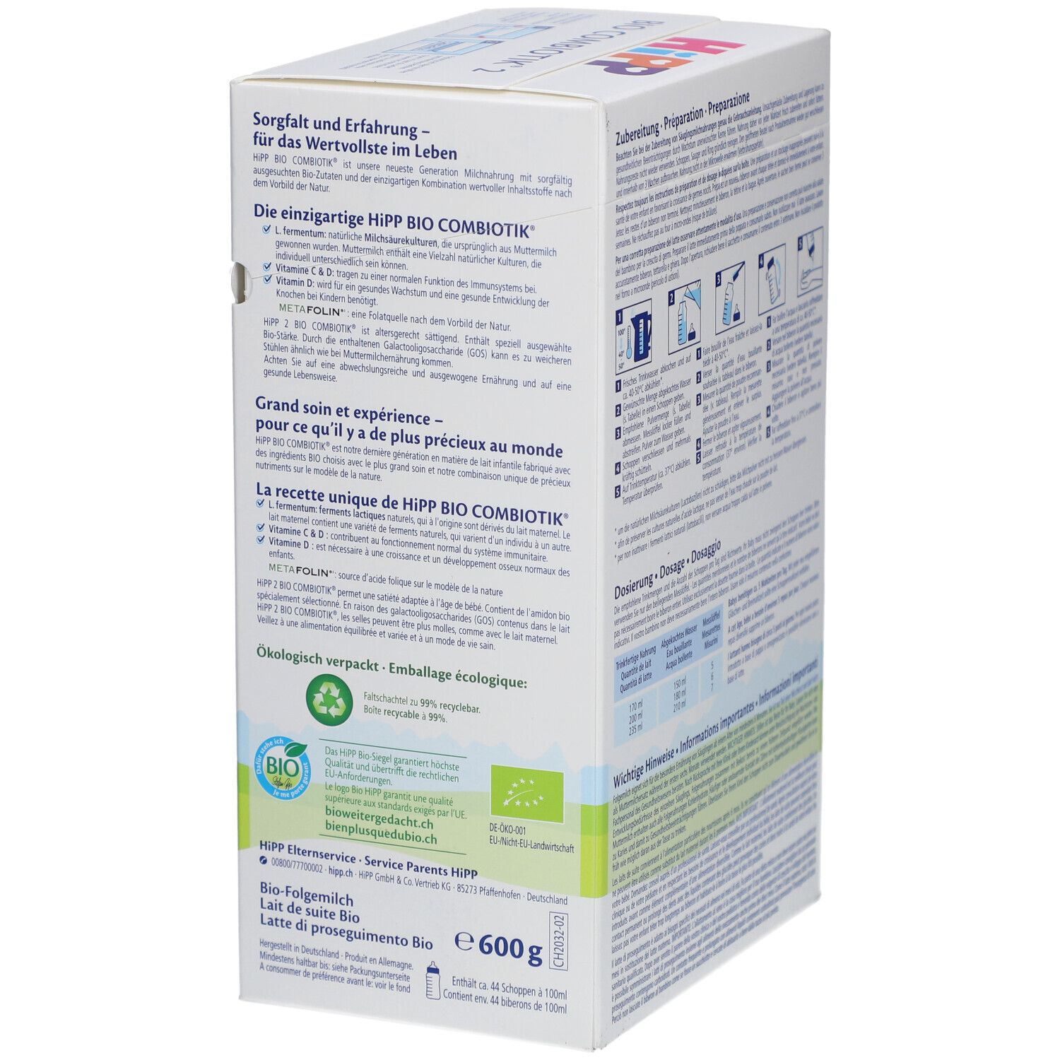 Boîte HiPP Bio Combiotik 2. Côté avec informations sur la valeur et l'écologie. Contient des informations sur le lait en poudre.
