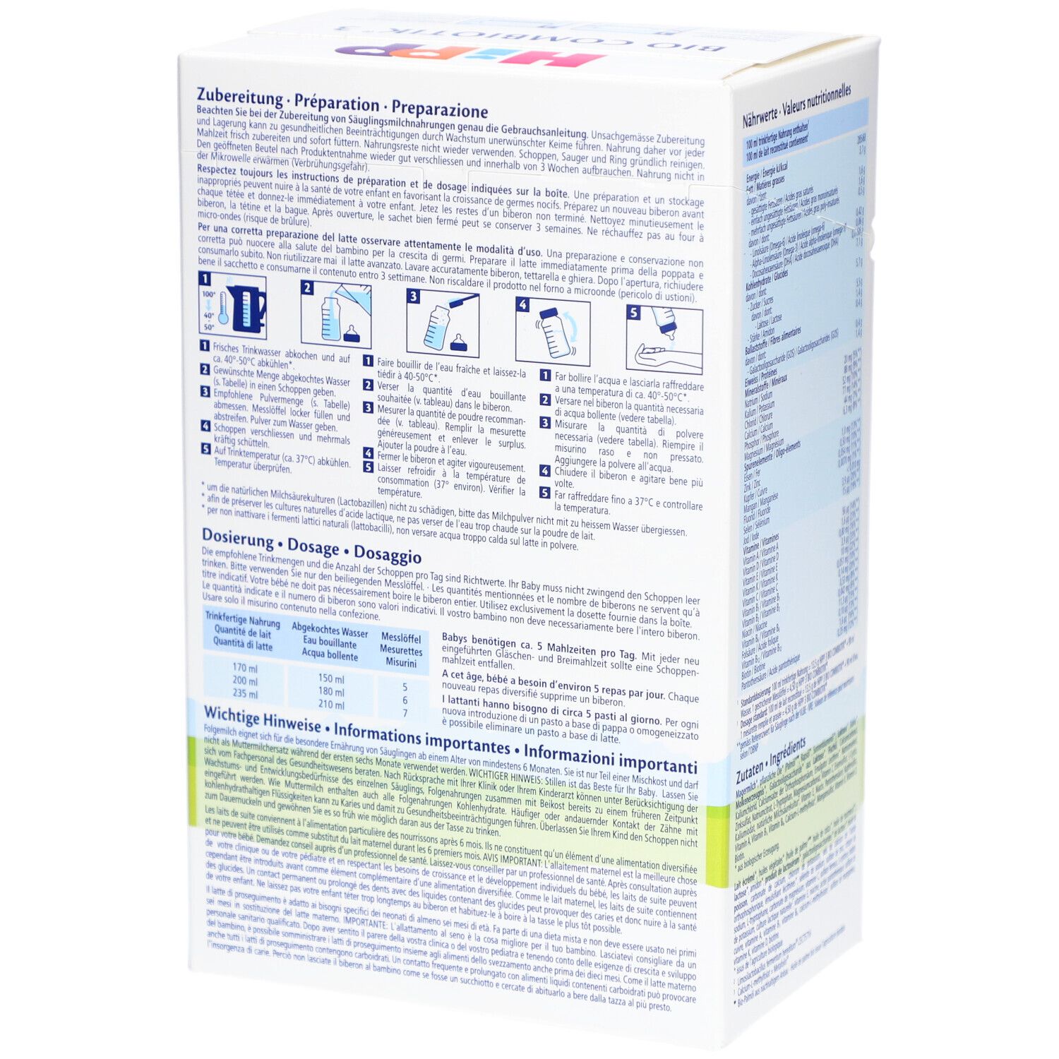 Boîte HiPP Bio Combiotik 3. Instructions de préparation multilingues. Illustrations de préparation.