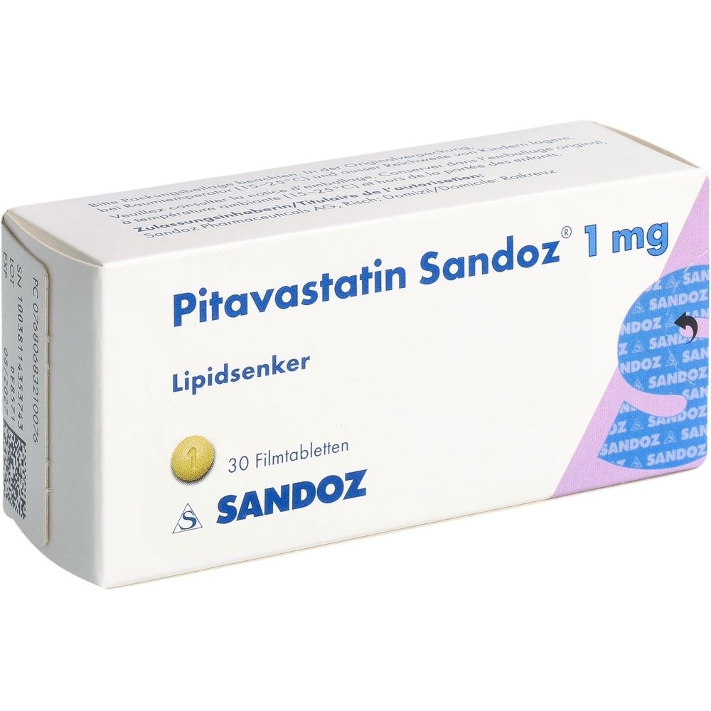 Verpackung von Pitavastatin Sandoz 1 mg. Enthält 30 Filmtabletten. Weißer Karton mit blauer und pinker Schrift und Logo.