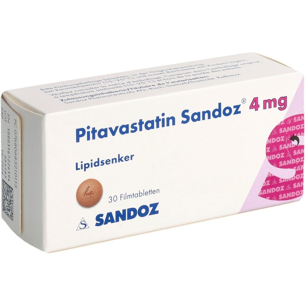 Schachtel mit Pitavastatin Sandoz 4 mg Filmtabletten. Aufdruck: Lipidsenker, 30 Filmtabletten, Sandoz Logo.