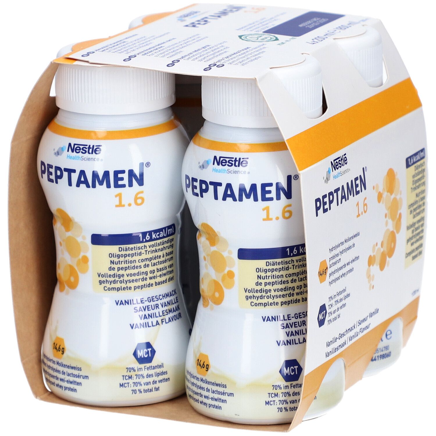 Emballage de quatre bouteilles Peptamen 1.6 Vanille. Bouteilles à bouchon blanc, étiquette jaune-orange. Logo Nestlé Health Science.