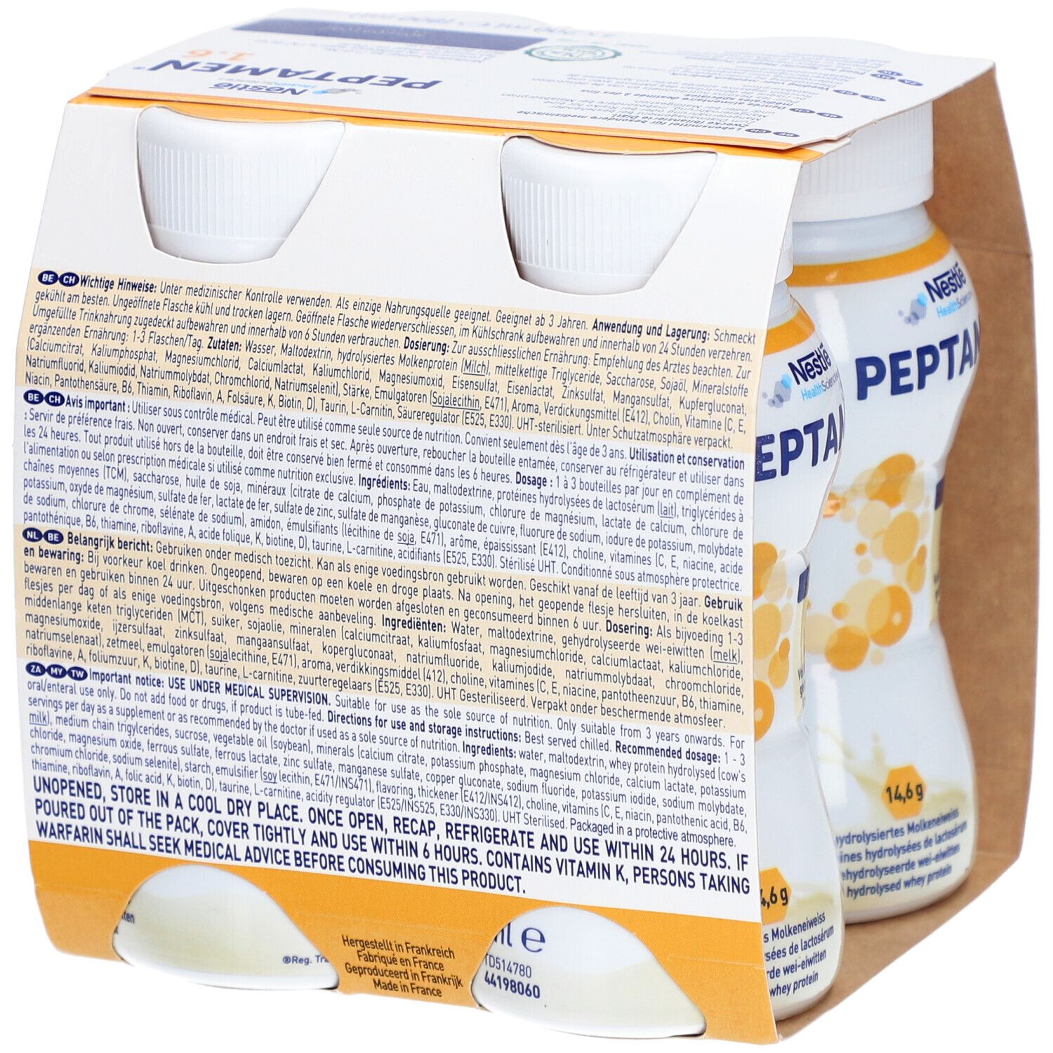 Dos de l'emballage de quatre bouteilles Peptamen 1.6 Vanille. Informations textuelles et informations nutritionnelles.