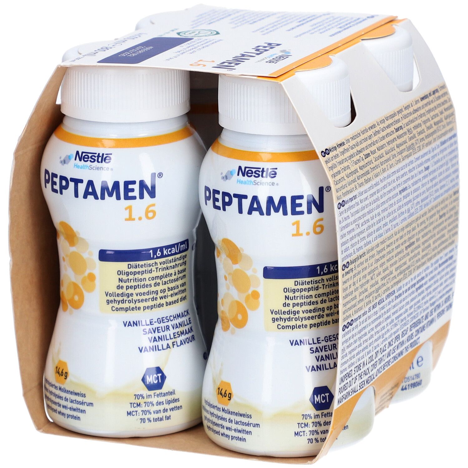 Emballage de quatre bouteilles Peptamen 1.6 Vanille. Bouteilles à bouchon blanc, étiquette jaune-orange. Logo Nestlé Health Science.