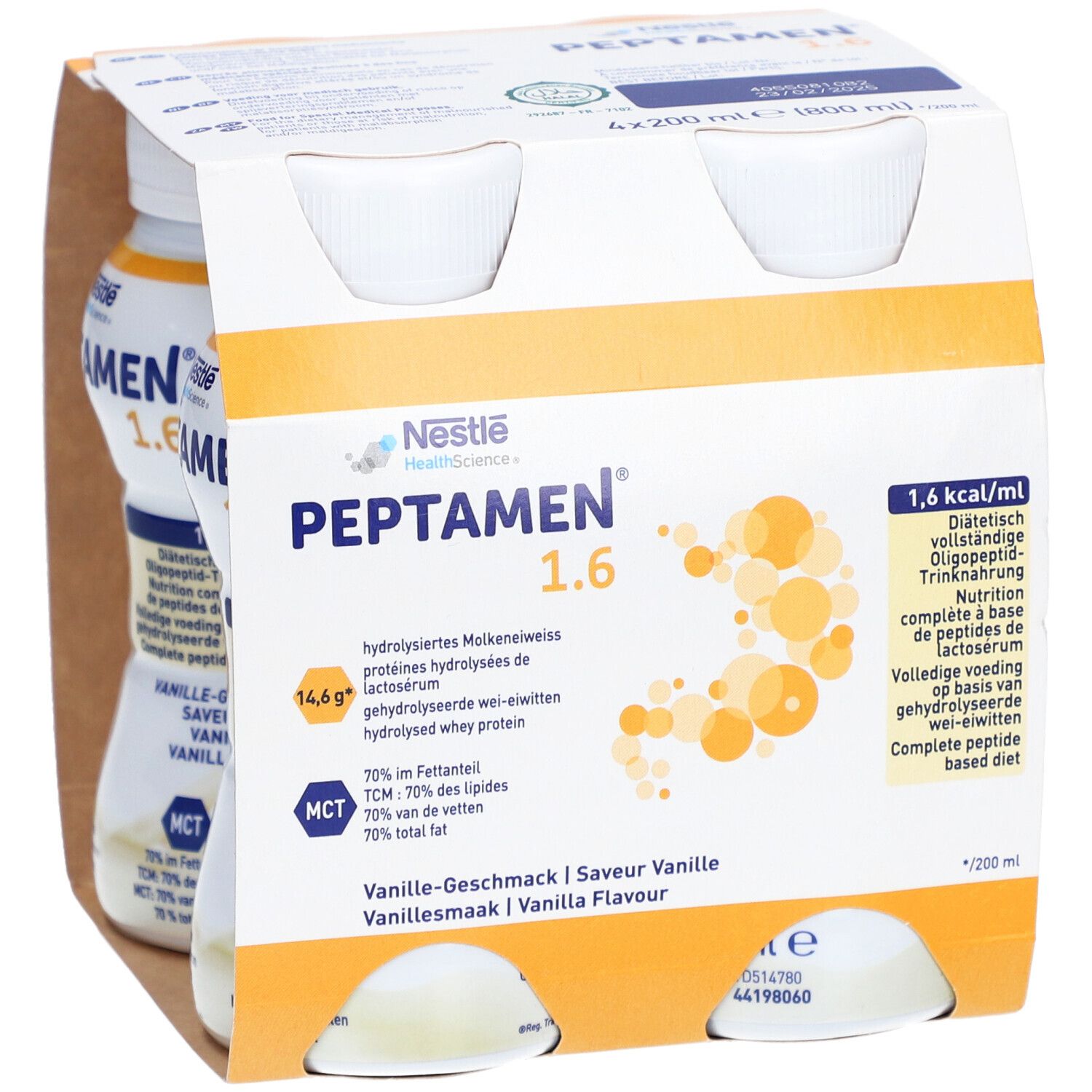 Emballage de quatre bouteilles Peptamen 1.6 Vanille. Bouteilles à bouchon blanc, étiquette jaune-orange. Logo Nestlé Health Science.