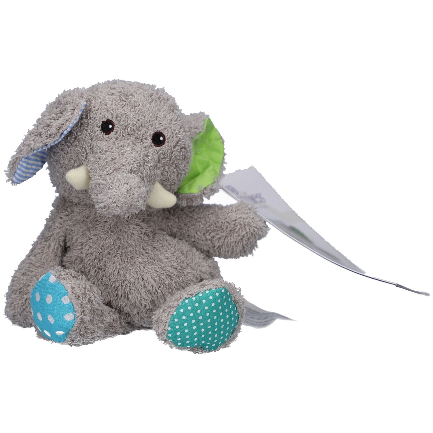 Éléphant en peluche gris avec accents bleus et verts. Étiquette avec logo. Position assise.