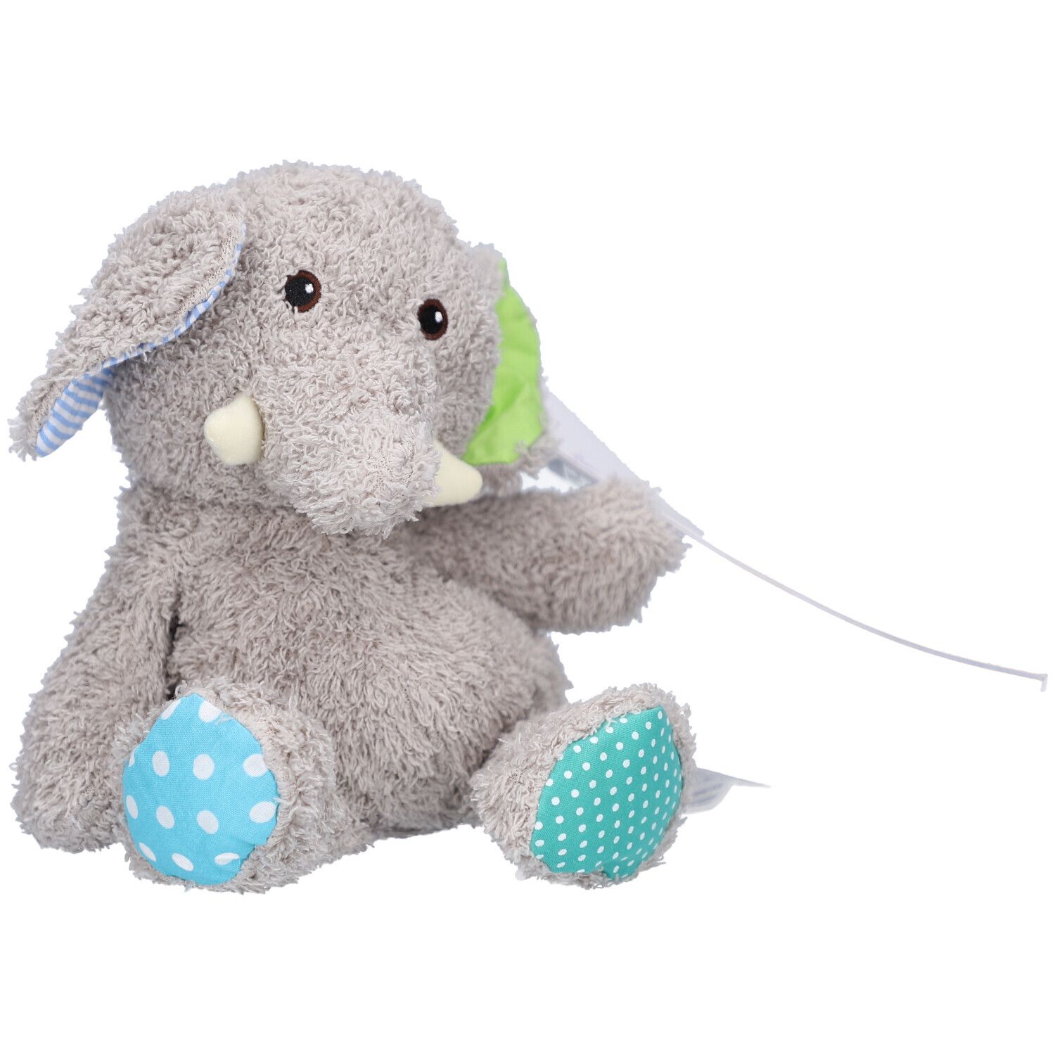 Éléphant en peluche gris avec accents bleus et verts. Étiquette. Position assise.