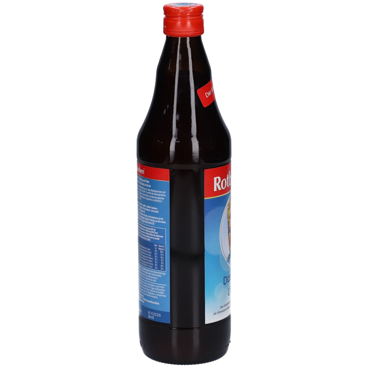 Braune Glasflasche mit rotem Verschluss. Etikett mit Text und Nährwertangaben. "Rotbäckchen" und Logo.