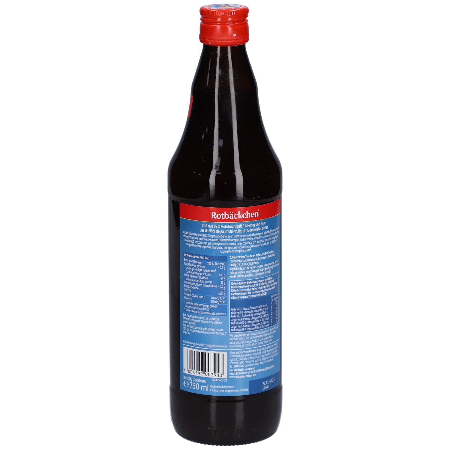 Braune Glasflasche mit rotem Verschluss. Rückseite mit Text und Nährwertangaben. "Rotbäckchen" und Logo.