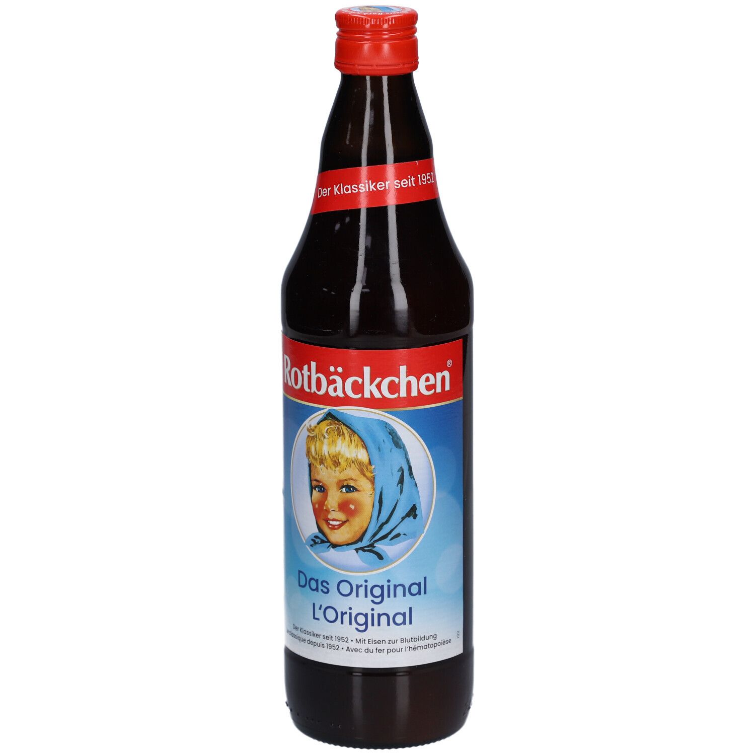 Braune Glasflasche mit rotem Verschluss. Etikett mit "Rotbäckchen" und Kindergesicht. Text: "Das Original L'Original".