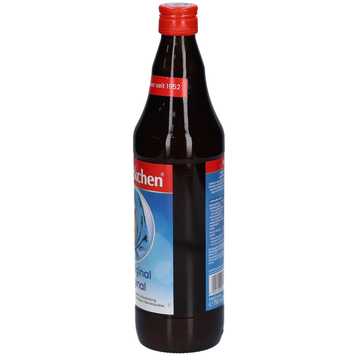 Braune Glasflasche mit rotem Verschluss. Etikett mit "Rotbäckchen" und Text. Aufschrift: "Das Original L'Original".