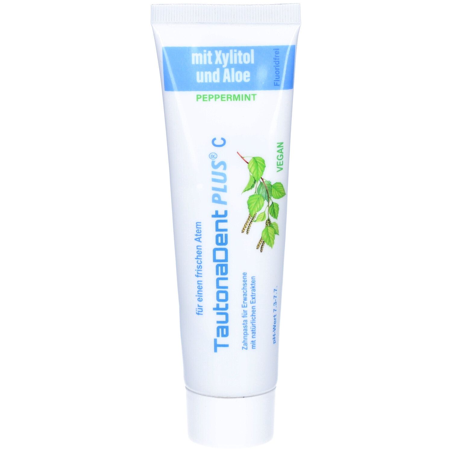 Zahnpasta-Tube, weiß, mit blauem Schriftzug. Aufschrift: TautonaDent PLUS C, Peppermint, mit Xylitol und Aloe. Vegan-Siegel.