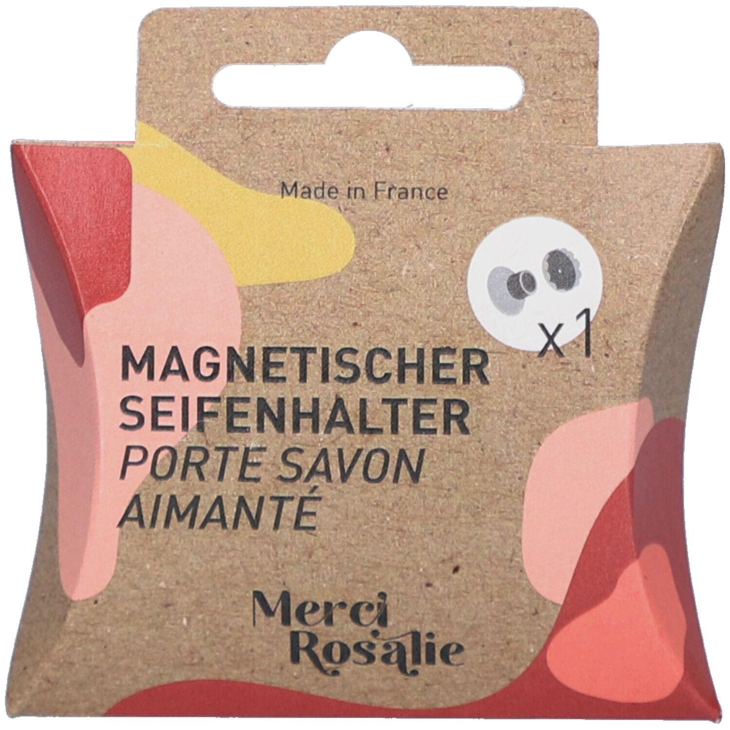 Emballage en carton avec nom et description du produit. Porte-savon magnétique. Marque Merci Rosalie. Fabriqué en France. Contient une ventouse.