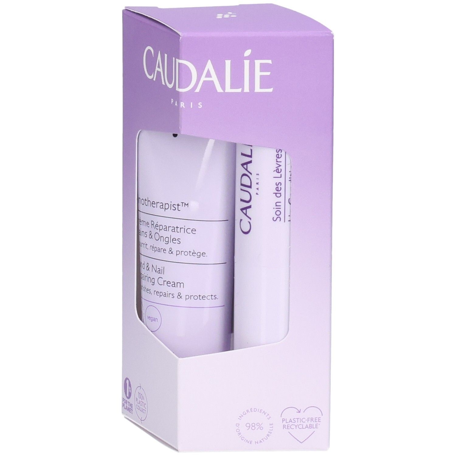 Caudalie Hand- und Nagelcreme und Lippenpflege im Set in einer lila Box.