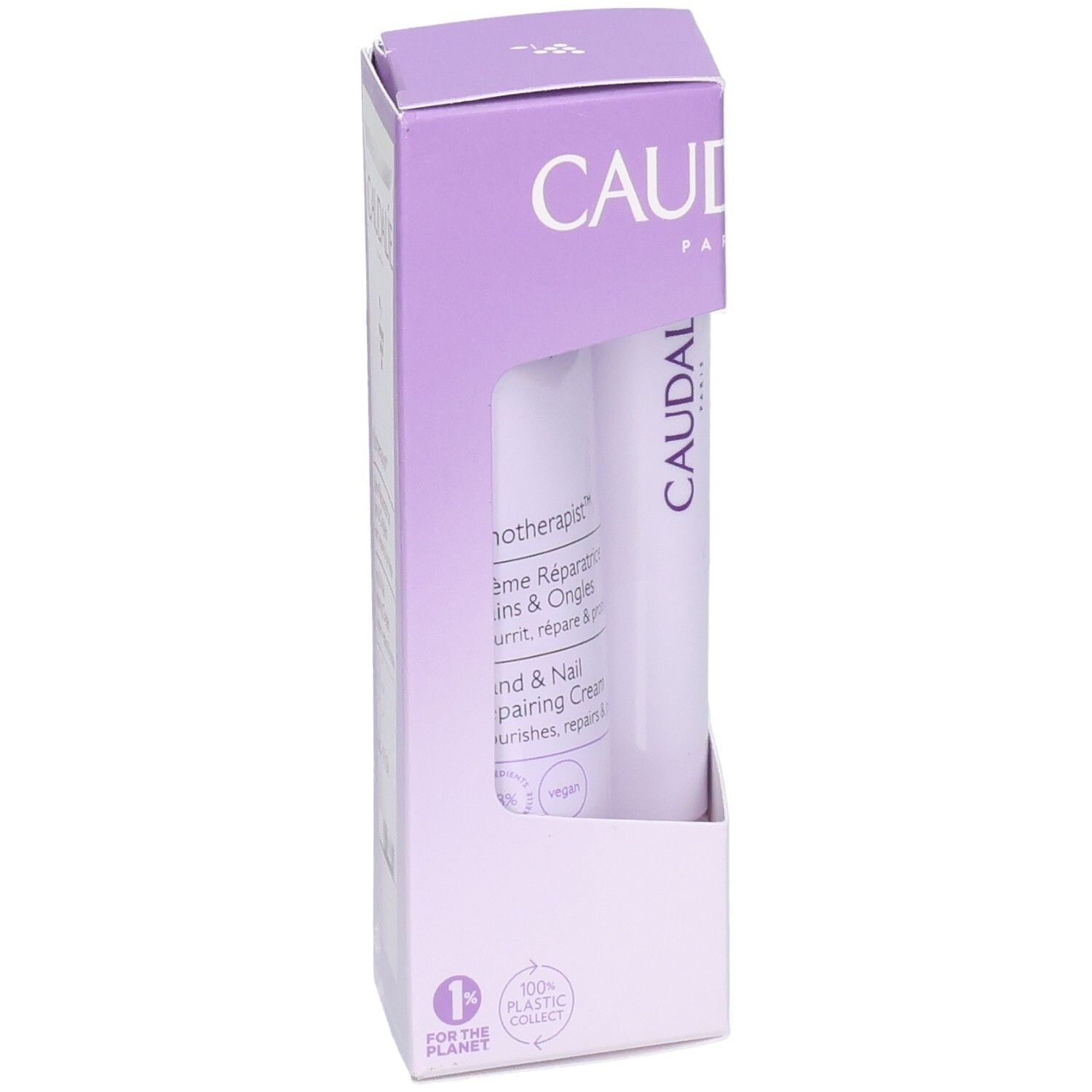 Caudalie Hand- und Nagelcreme und Lippenpflege im Set. Lila Box mit Sichtfenster.
