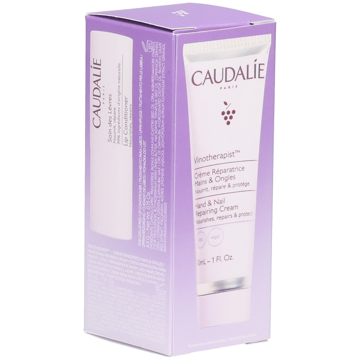 Caudalie Hand- und Nagelcreme und Lippenpflege im Set. Lila Box mit Produktabbildung.