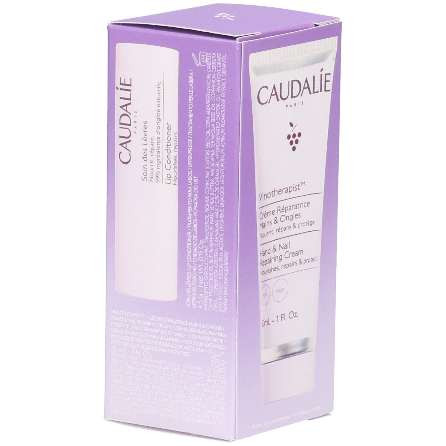 Caudalie Hand- und Nagelcreme und Lippenpflege im Set. Lila Box mit Produktabbildung.