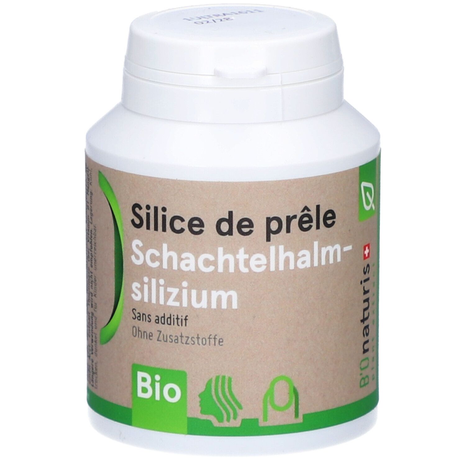 Weiße Flasche mit grün-braunem Etikett. Aufschrift: Silice de prêle, Schachtelhalm-silizium, BIO. Q-Logo.