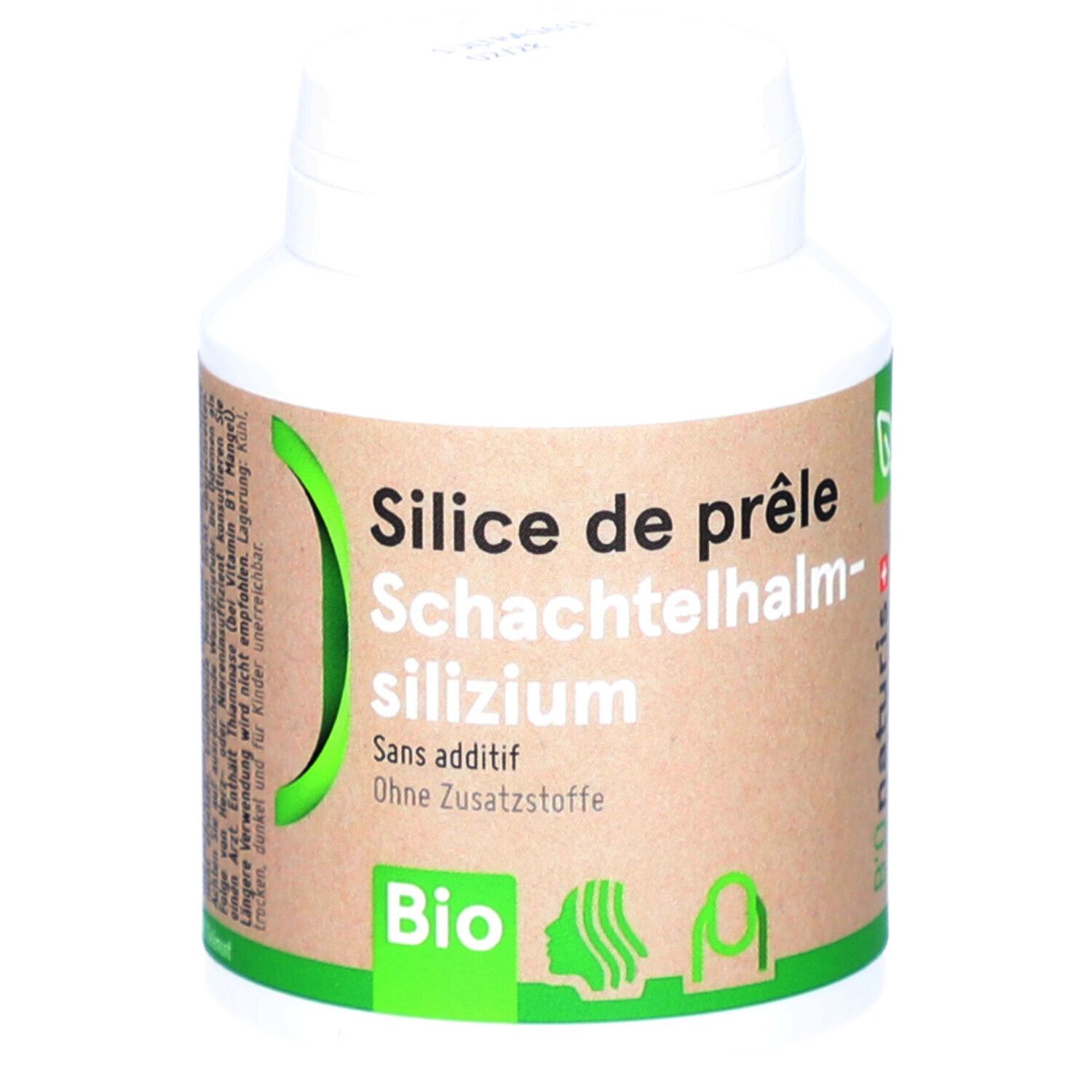 Weiße Flasche mit grün-braunem Etikett. Aufschrift: Silice de prêle, Schachtelhalm-silizium, BIO. Q-Logo.