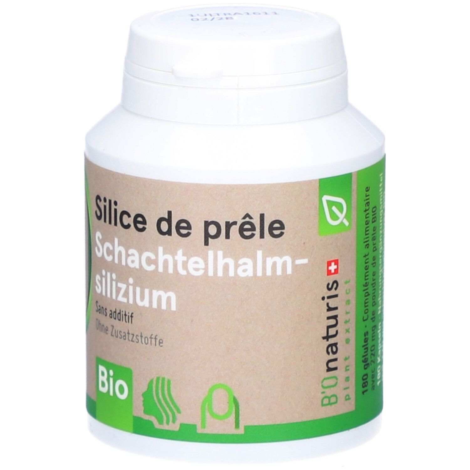 Weiße Flasche mit grün-braunem Etikett. Text: 180 Gelules, 220 mg de poudre de prêle BIO. B'ONaturis-Logo.