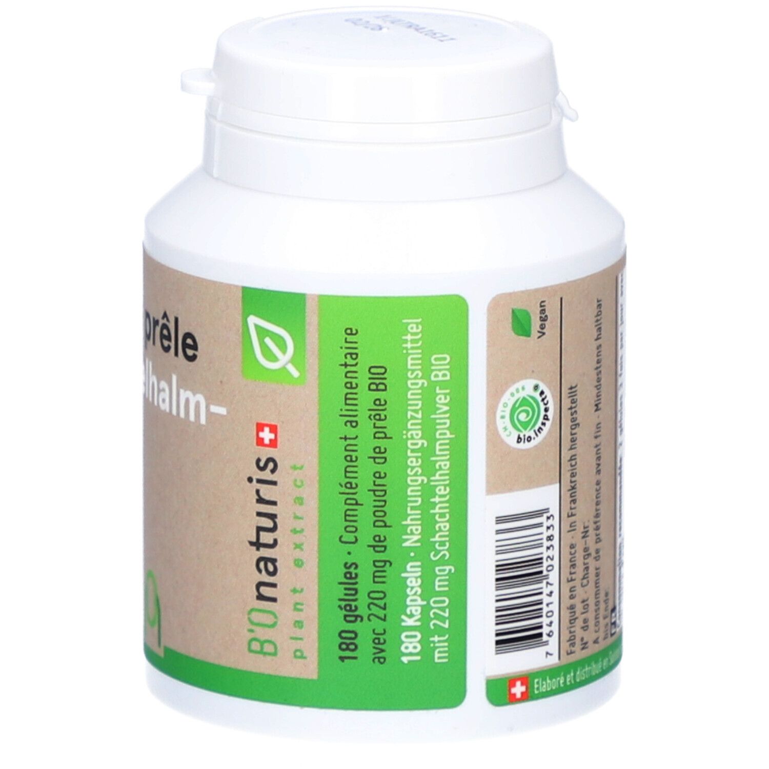 Weiße Flasche mit grün-braunem Etikett. Text: 180 Kapseln, 220 mg Schachtelhalmpulver BIO. B'ONaturis-Logo. Vegan-Logo.