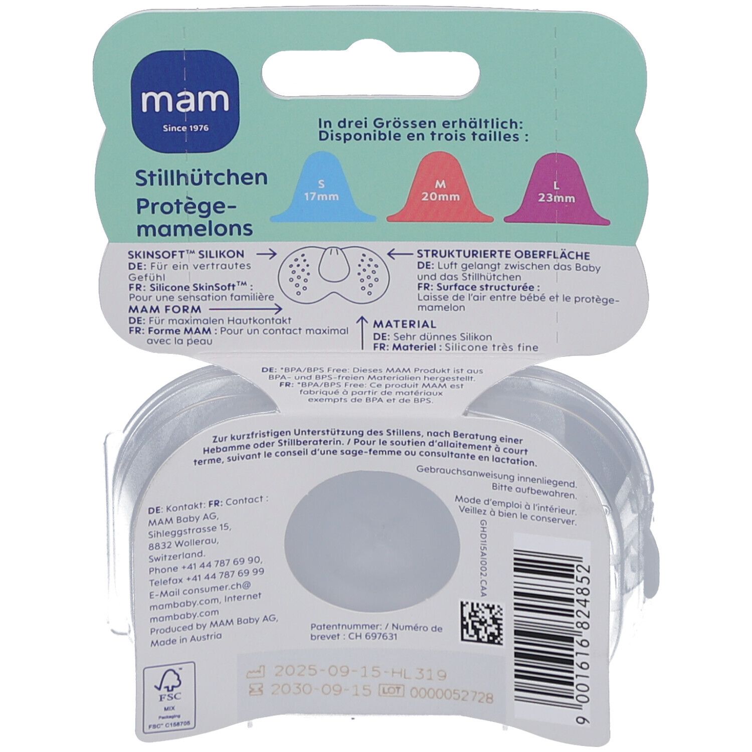 Dos de l'emballage des protège-mamelons. Illustrations et texte sur les tailles et le matériau. Tailles : S, M, L. Marque : MAM.