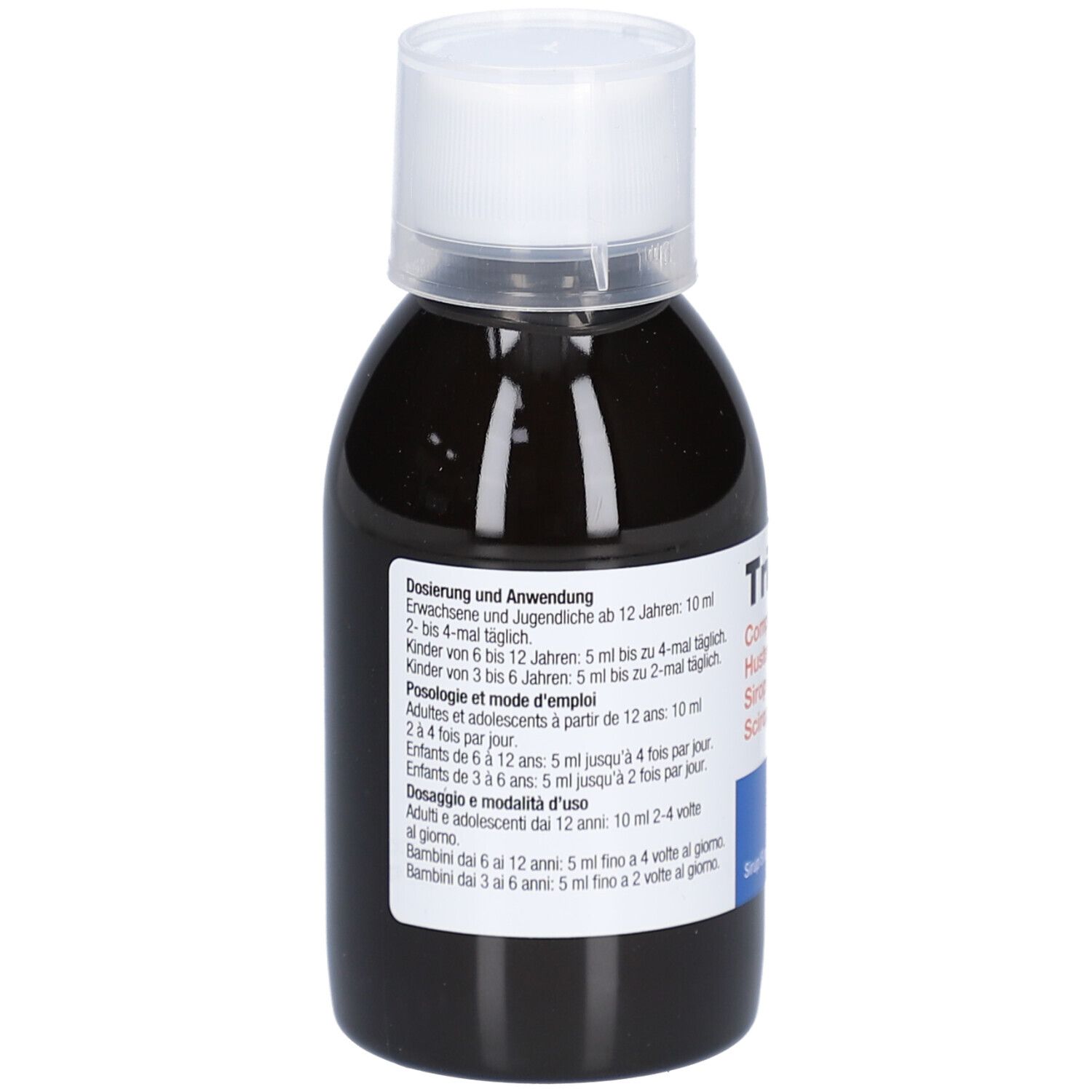 Braune Flüssigkeit in einer Flasche mit weißem Deckel. Text in Deutsch, Französisch und Italienisch.