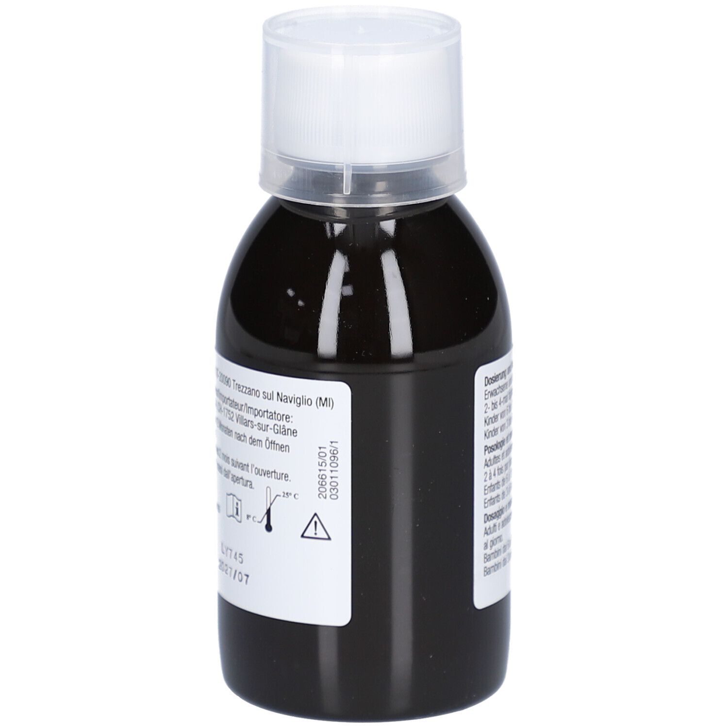 Braune Flüssigkeit in einer Flasche mit weißem Deckel. Etikett mit Text und Symbolen.