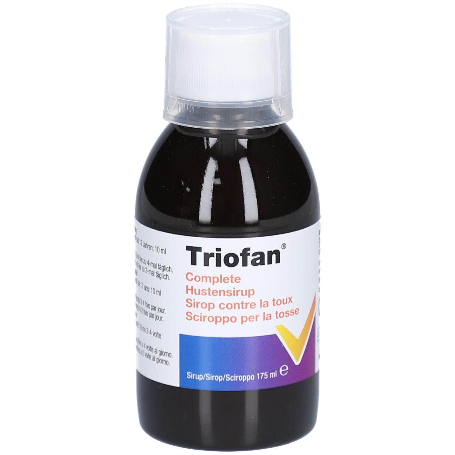 Braune Flüssigkeit in einer Flasche mit weißem Deckel. Aufschrift Triofan Complete.