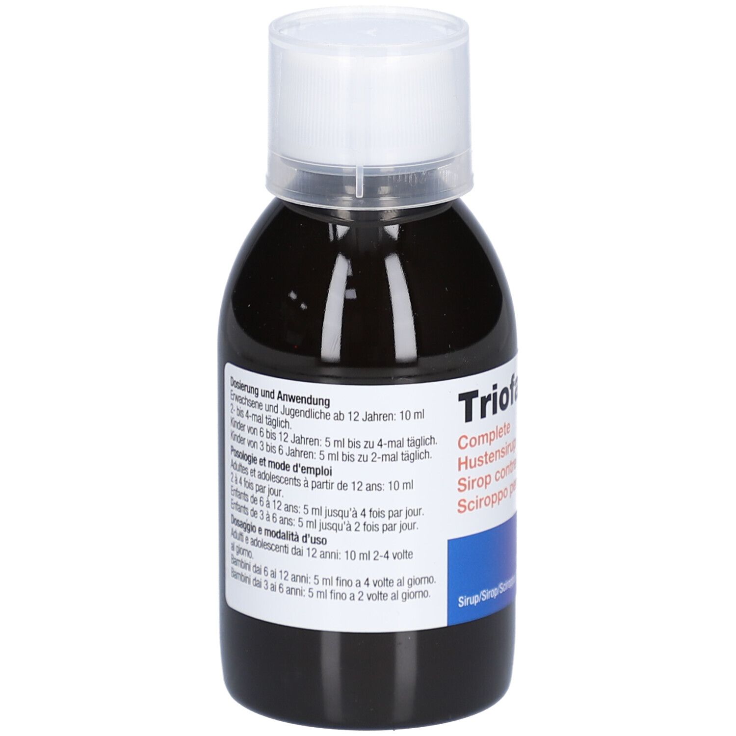 Braune Flüssigkeit in einer Flasche mit weißem Deckel. Text in Deutsch, Französisch und Italienisch.