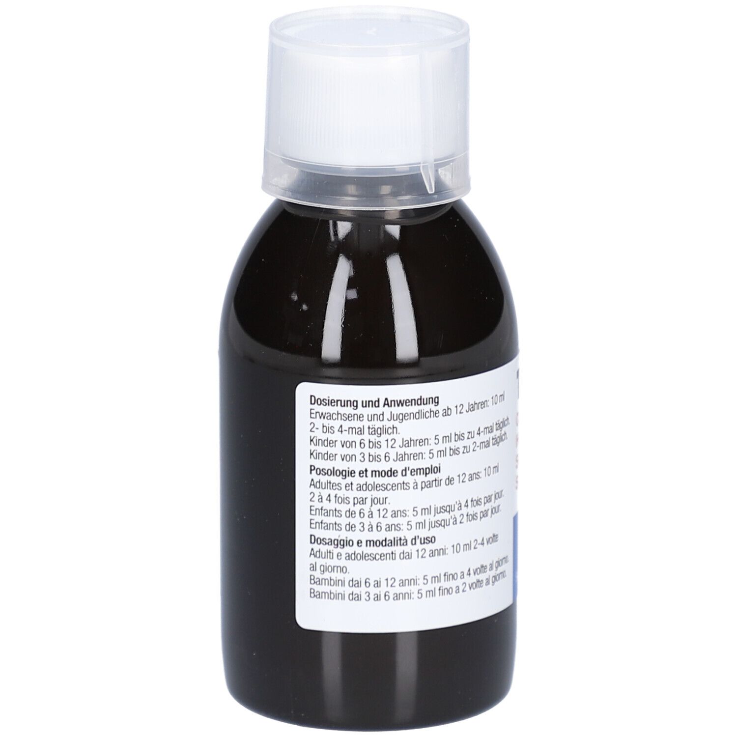 Braune Flüssigkeit in einer Flasche mit weißem Deckel. Text in Deutsch, Französisch und Italienisch.