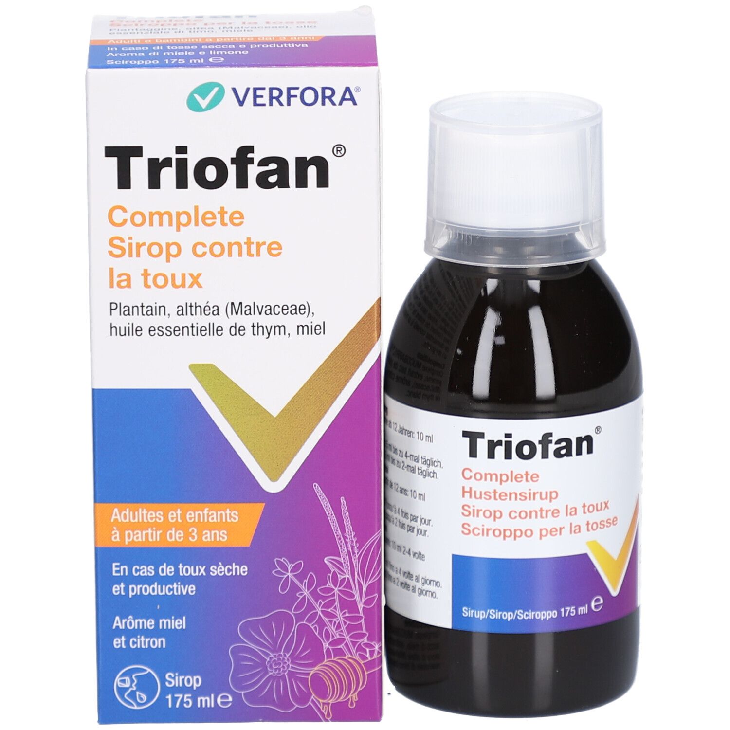 Triofan Complete Hustensirup, Flasche und Schachtel. Schachtel mit Text und Logo.