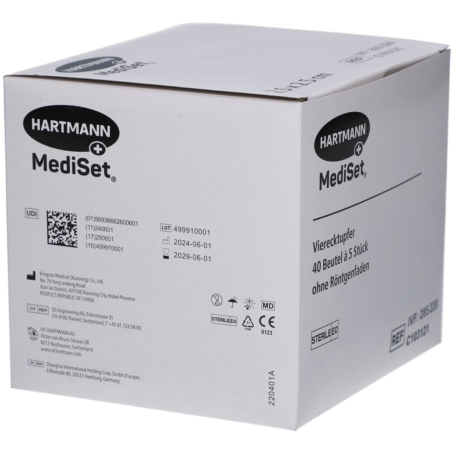 Hartmann MediSet Box. Produktinformationen, Chargennummern, und Zertifizierungen. Vierecktupfer. Steril.