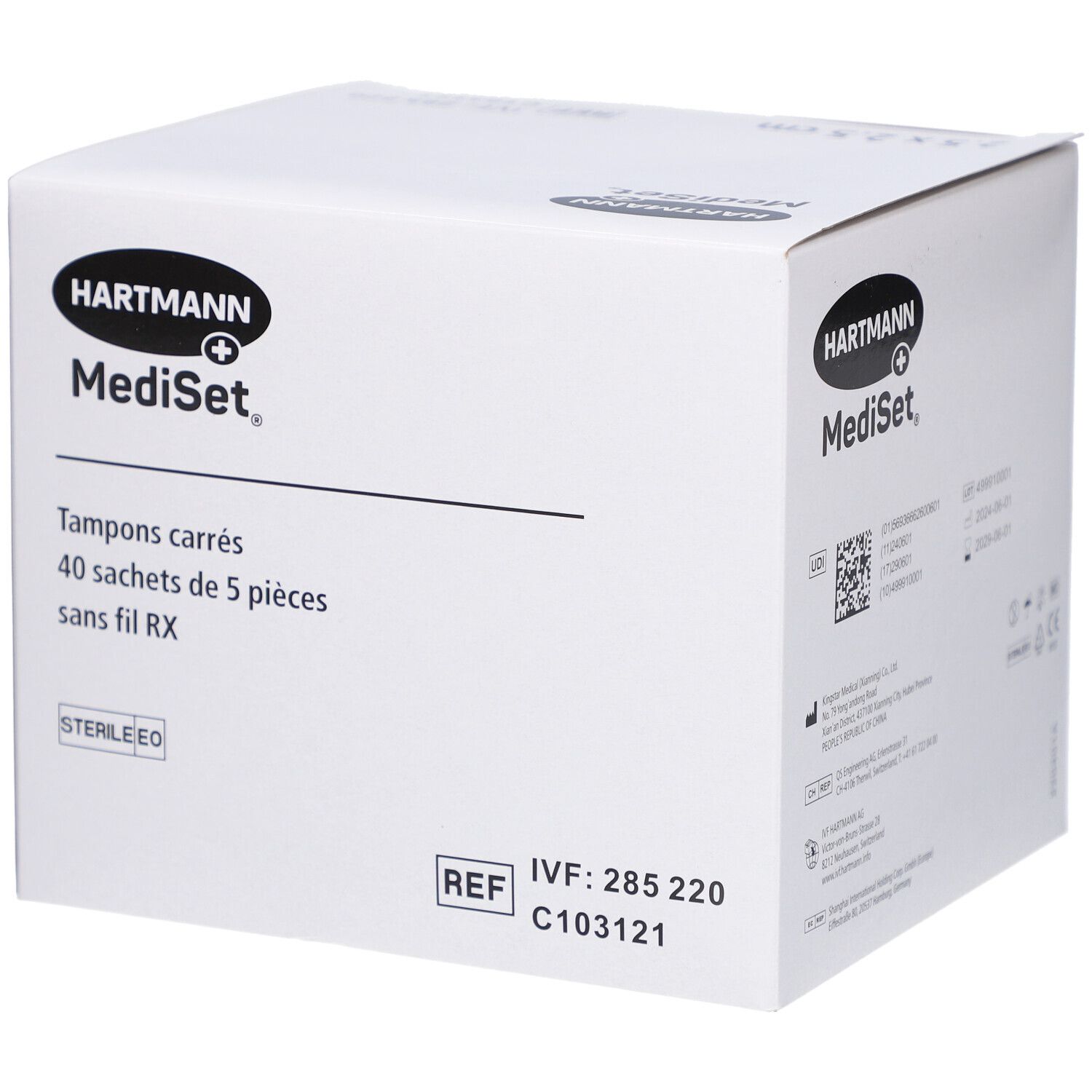 Hartmann MediSet Box. Tampons carrés, 40 Beutel à 5 Stück. Steril. Produktinformationen auf Französisch.