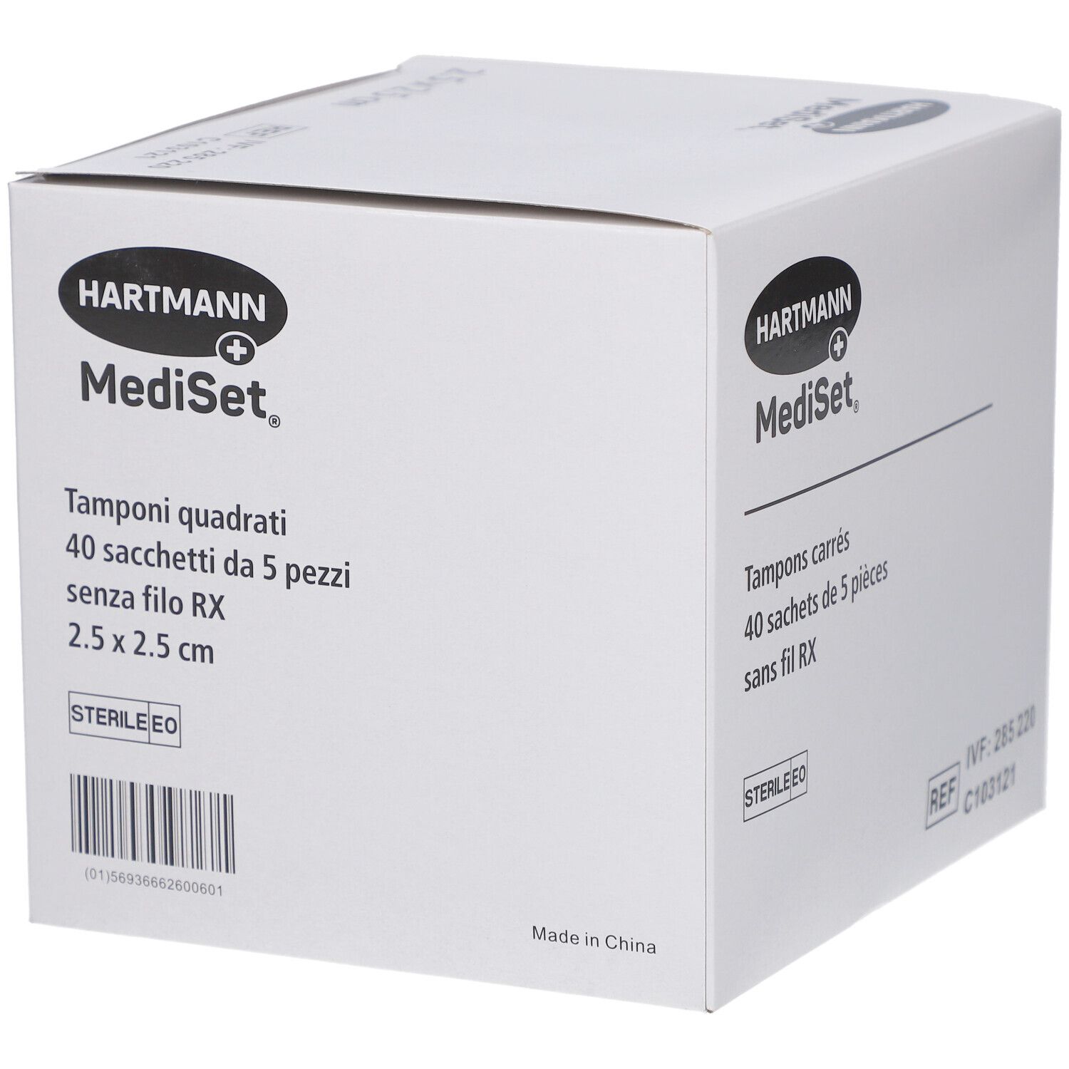 Hartmann MediSet Box. Tamponi quadrati, 40 Beutel à 5 Stück. Steril. Produktinformationen auf Italienisch.