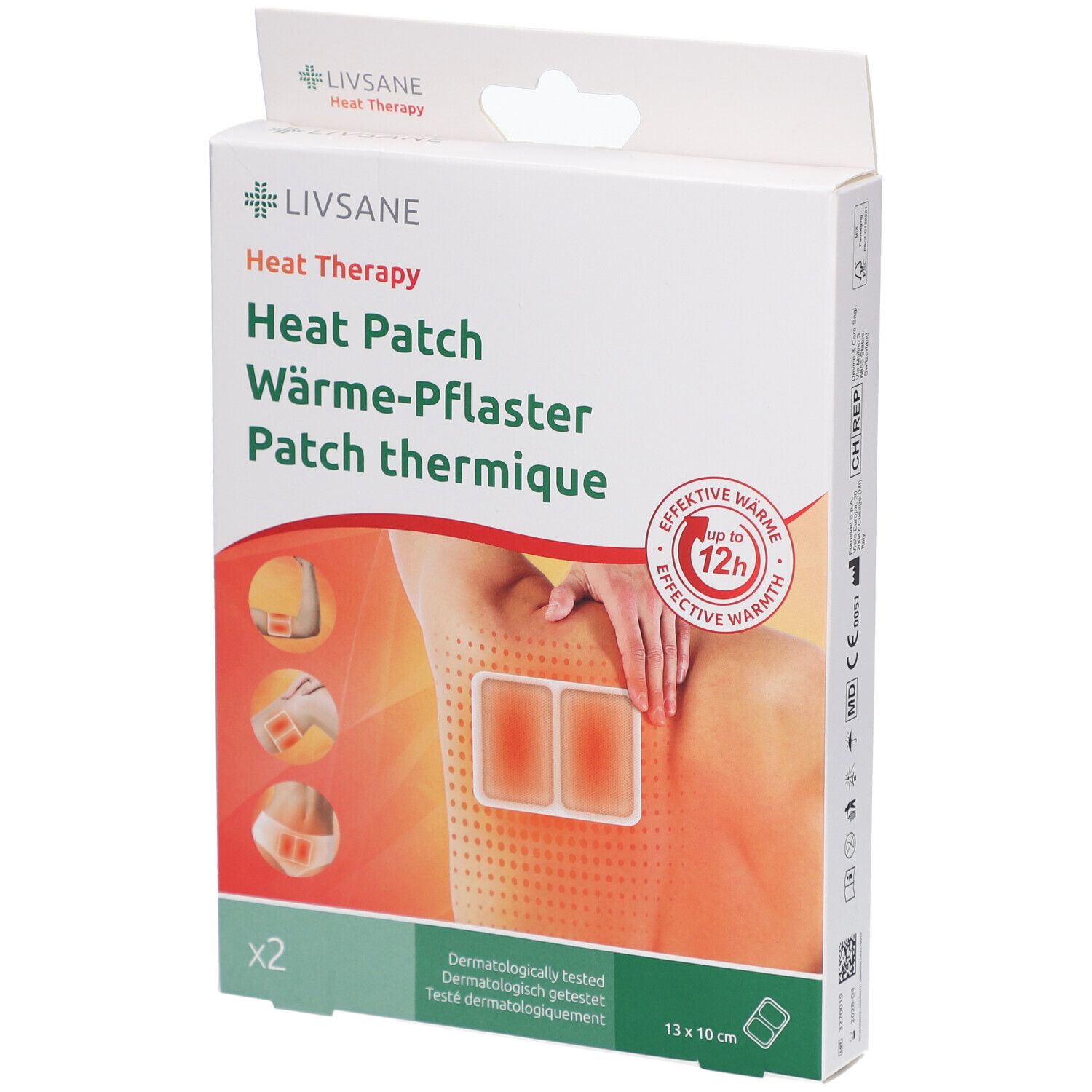 Verpackung mit LIVSANE Wärmepflaster. Vorderseite mit Produktabbildung und Anwendungshinweisen. Größe: 13 x 10 cm.