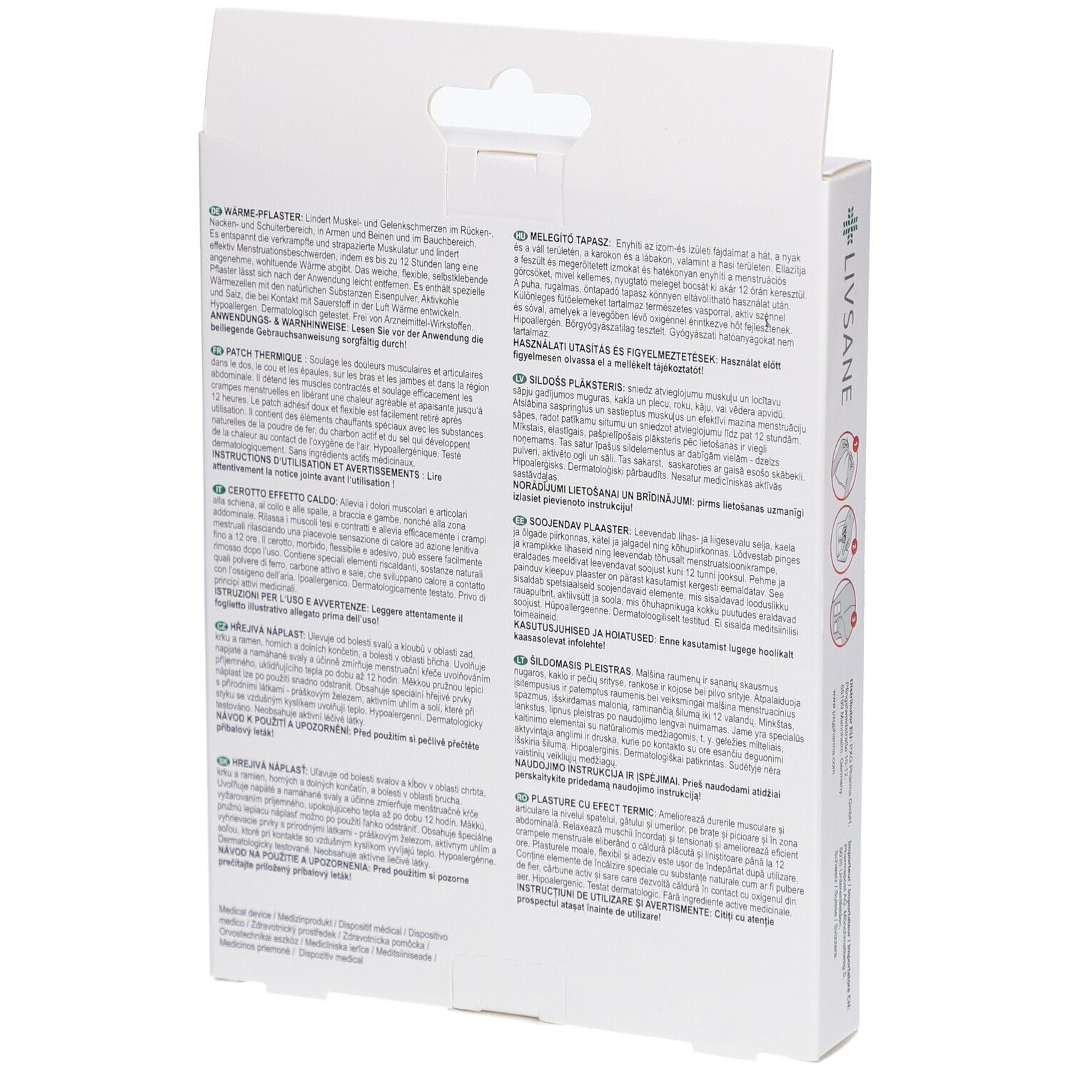 Rückseite der LIVSANE Wärmepflaster-Verpackung mit mehrsprachigen Texten. Produktinformationen und Anwendungshinweise.
