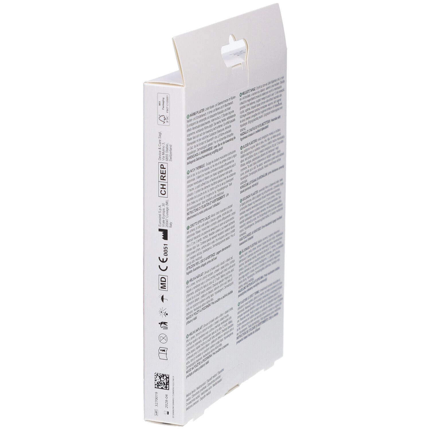 Seitenansicht der LIVSANE Wärmepflaster-Verpackung. Produktinformationen und Zertifizierungen sind sichtbar.