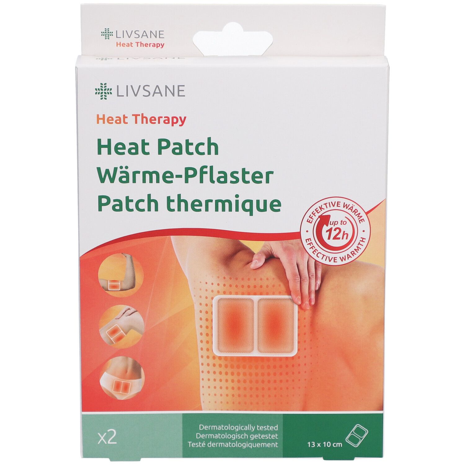 Vorderansicht der LIVSANE Wärmepflaster-Verpackung. Produktname, Abbildung und Größe: 13 x 10 cm.