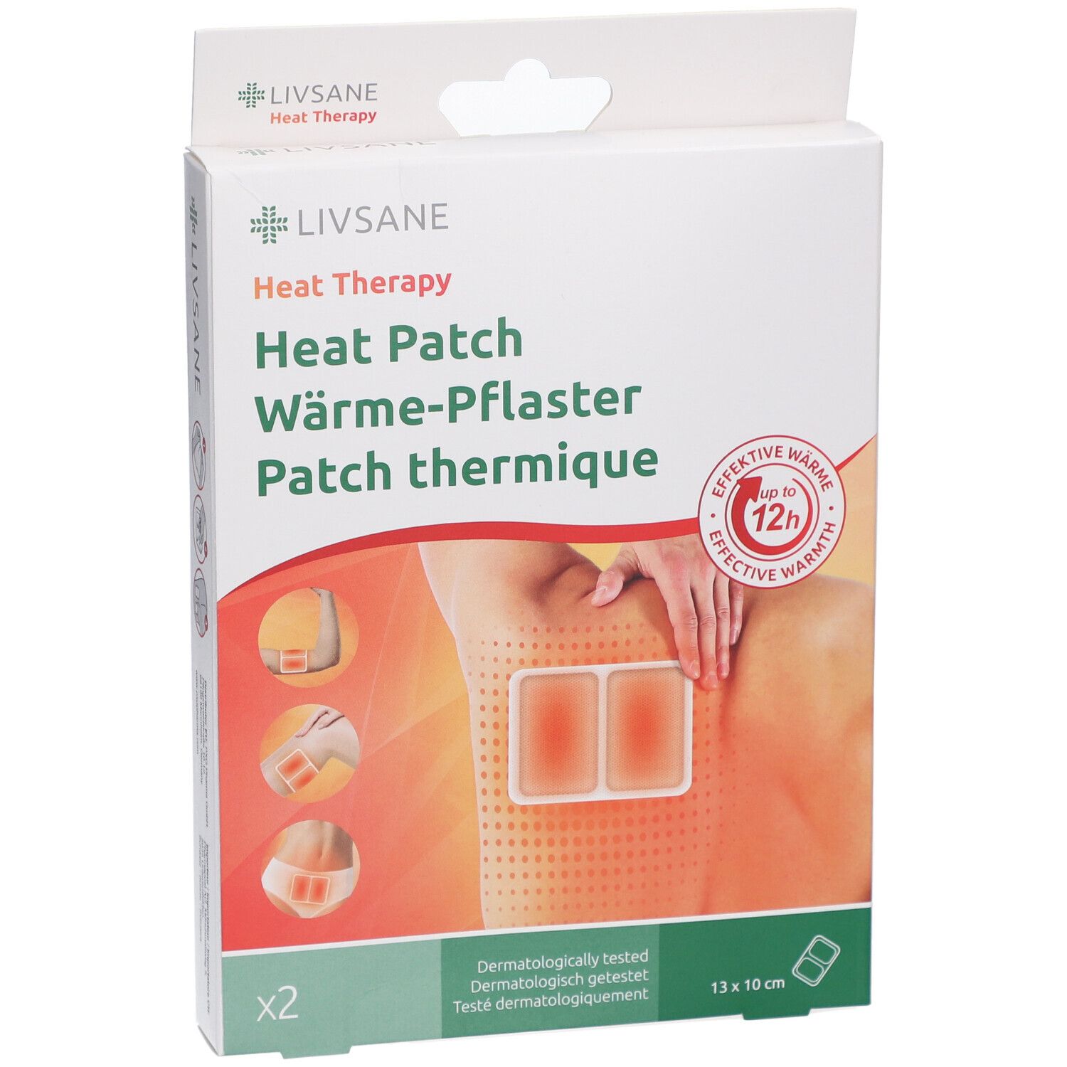 Vorderansicht der LIVSANE Wärmepflaster-Verpackung. Produktname, Abbildung und Größe: 13 x 10 cm.