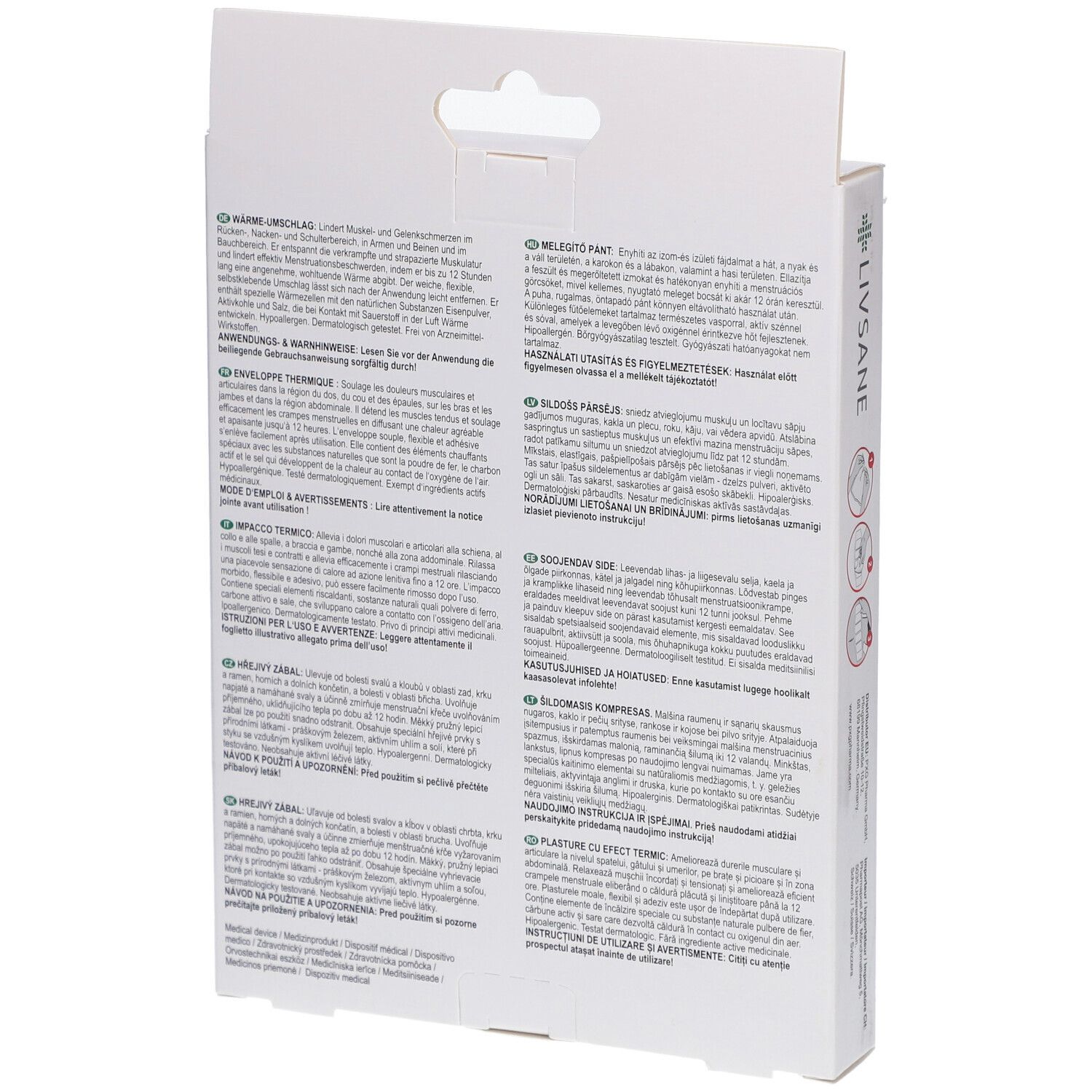 Rückseite der Livsane Wärme-Umschlag Verpackung. Text in mehreren Sprachen. Informationen zum Produkt.