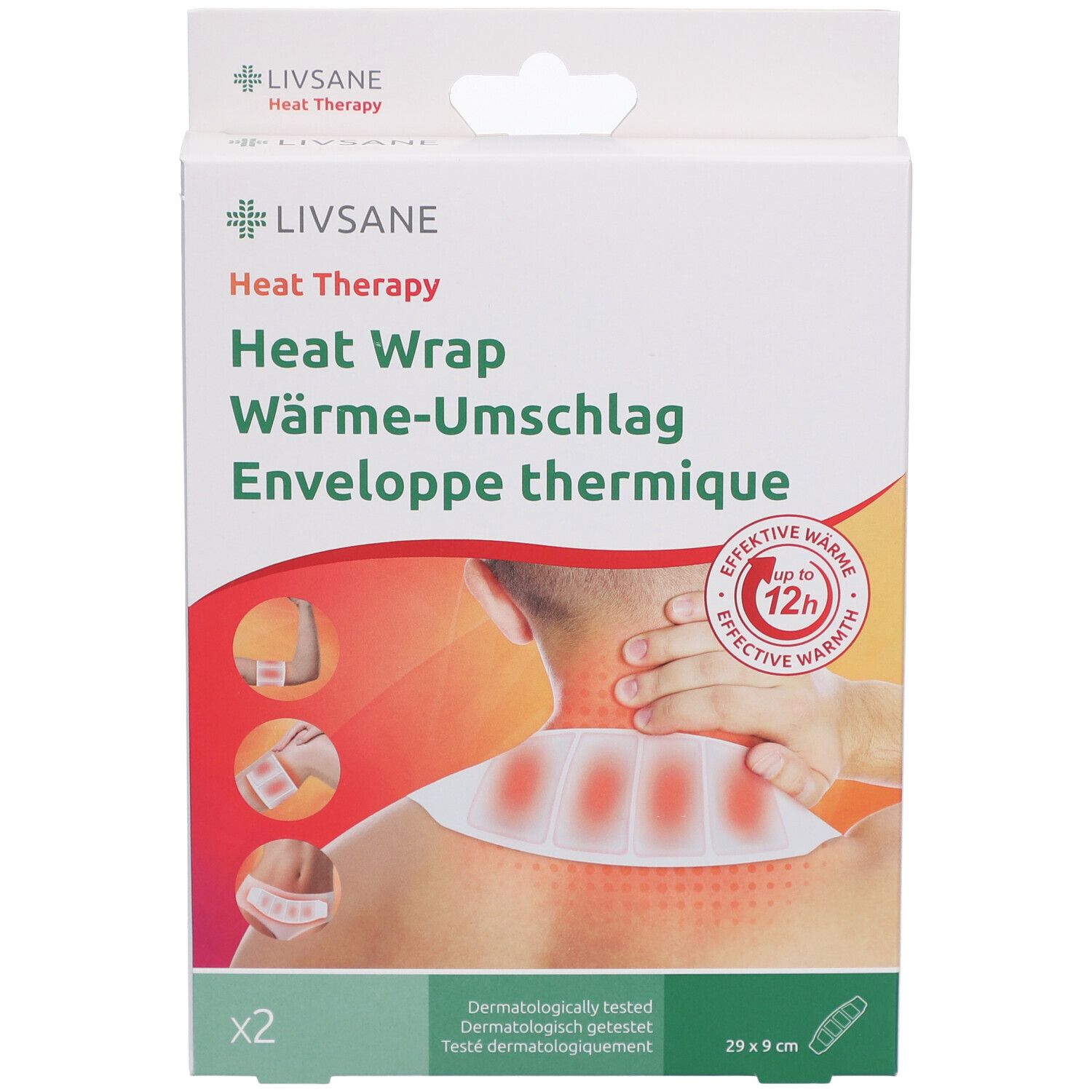 Livsane Wärme-Umschlag Verpackung. Weißer Karton mit Produktname und Illustrationen. Größe: 29x9 cm.