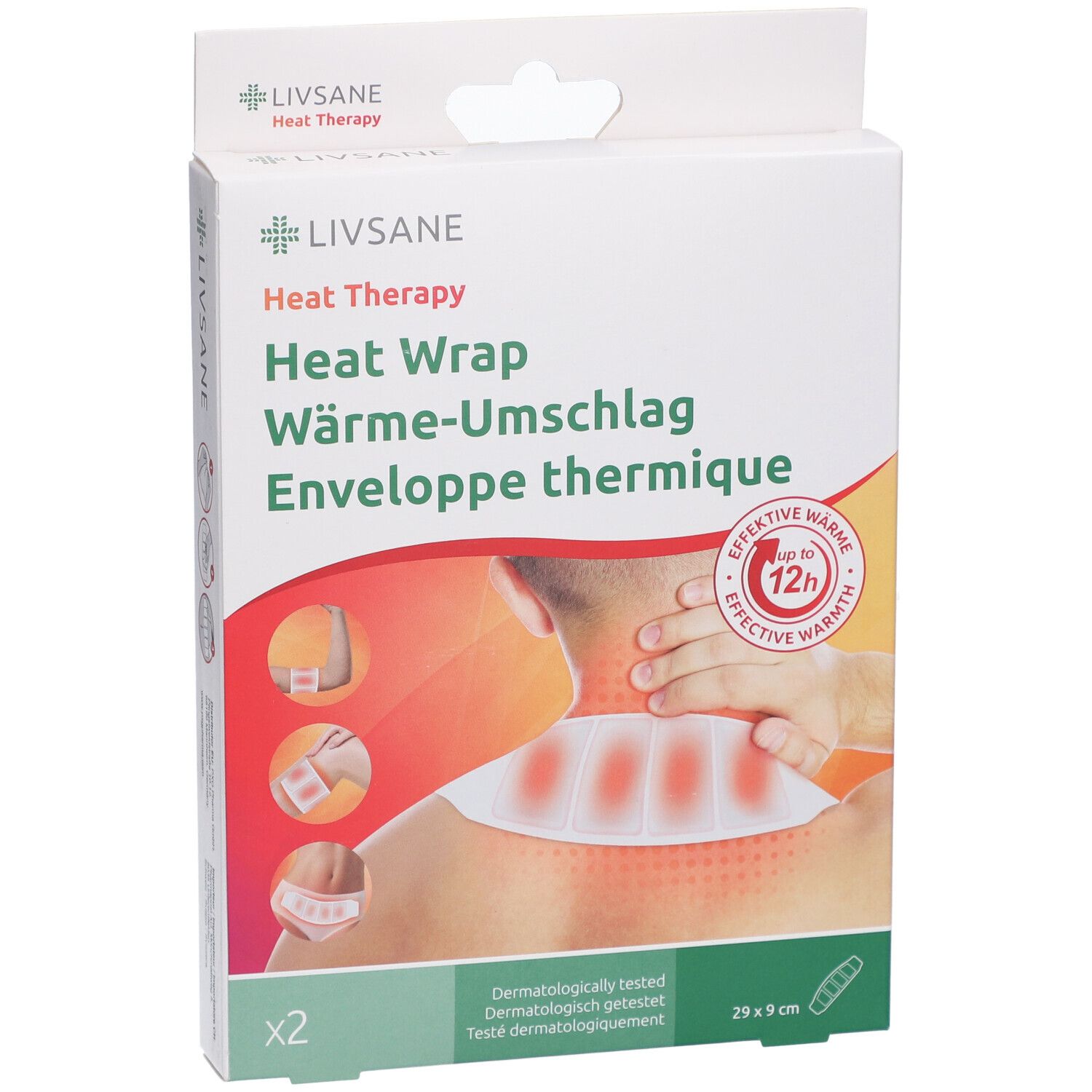 Livsane Wärme-Umschlag Verpackung. Weißer Karton mit Produktname und Illustrationen. Größe: 29x9 cm.