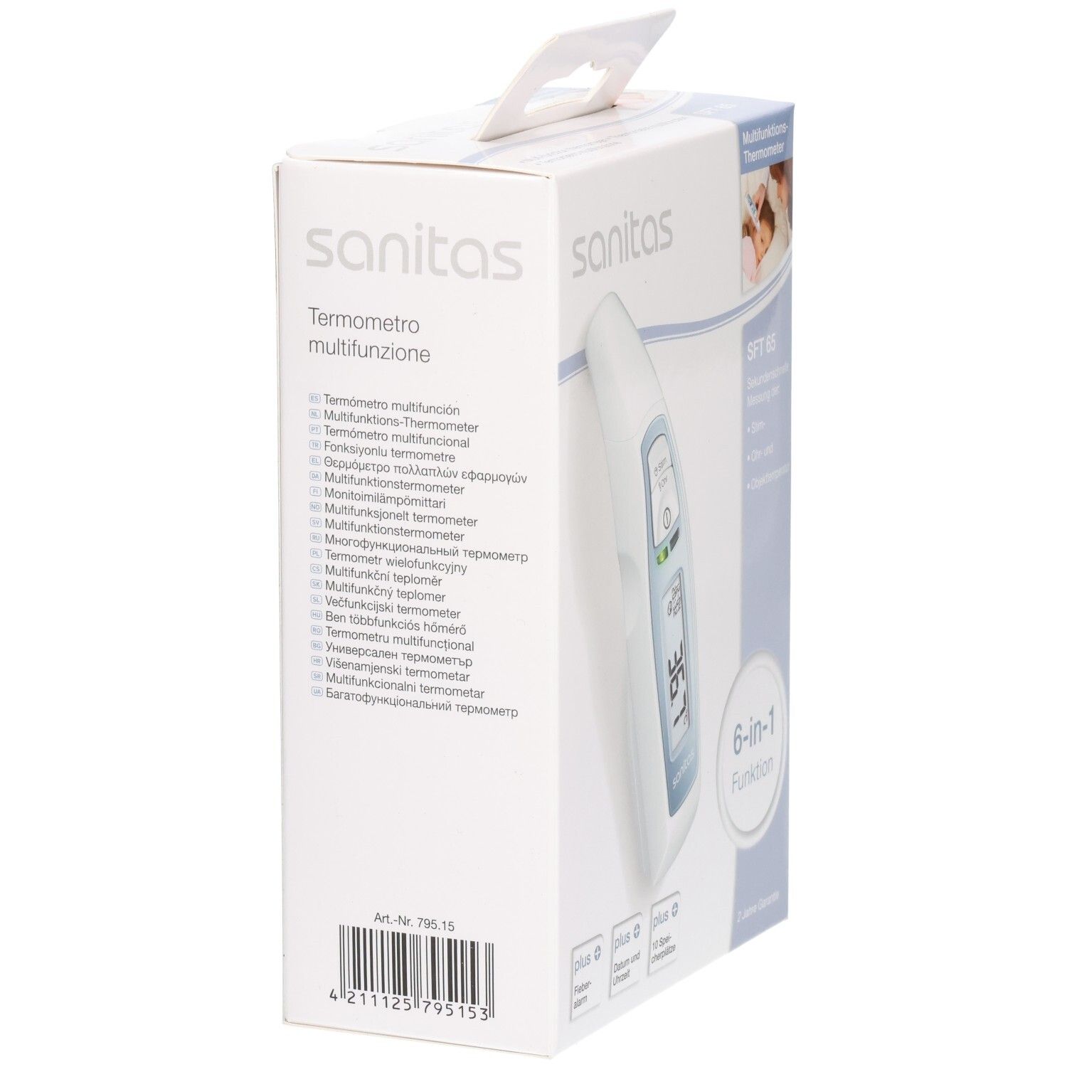 Verpackung des Sanitas SFT 65 Thermometers. Seitenansicht mit Produktinformationen, Logo und Barcode.
