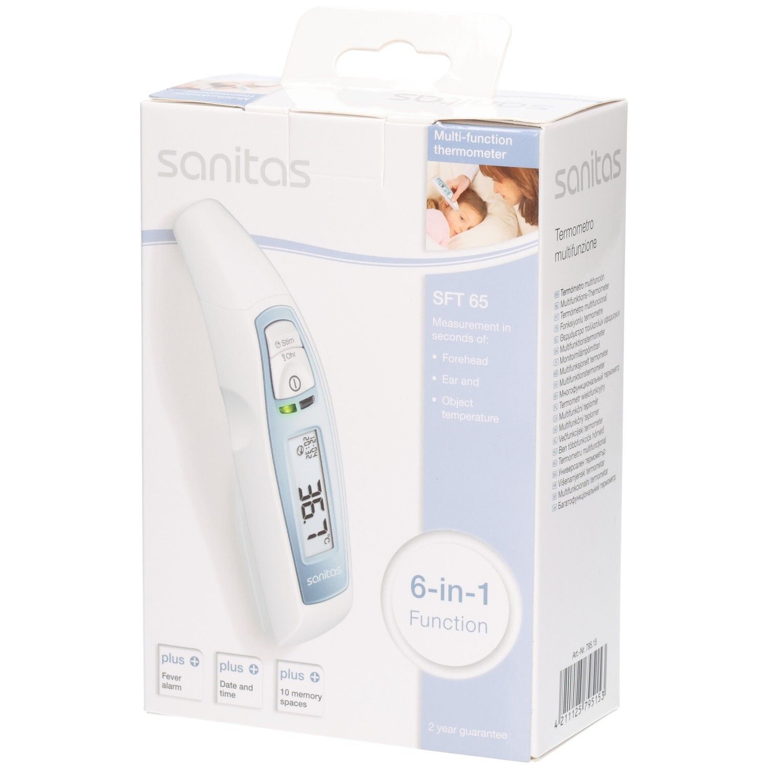 Sanitas SFT 65 Thermometer in Verpackung. Weißes Gerät mit Display, in weißer Box mit Produktinformationen und Logo.